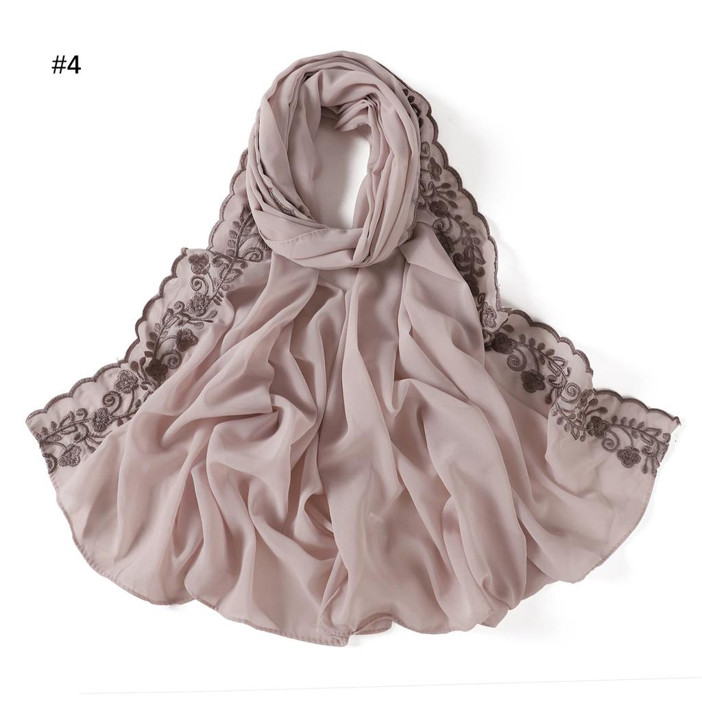 Embroidery Lace Chiffon Hijabs For Women Vine Heavy Pearl Industry Edge Long Scarf Light Scarf Headscarf Shawl Turban Ramadan