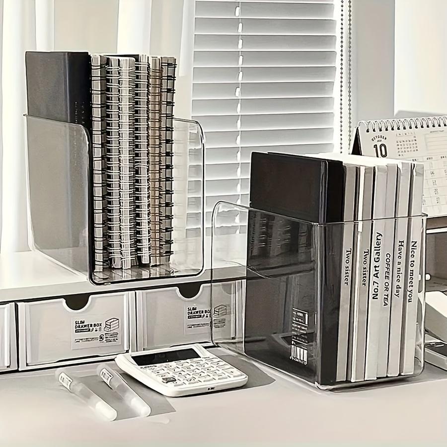 Organizador de Escritorio de Acrílico Transparente con Múltiples Compartimentos. Soporte de libro transparente, organizador de archivos y papelería para oficina y dormitorio.