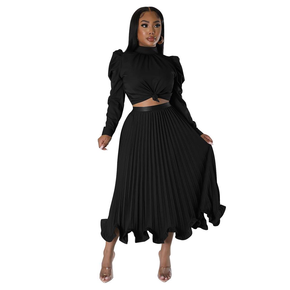 Autumn European & American Puff Sleeve Top with Ruffled Pleated Skirt Set.