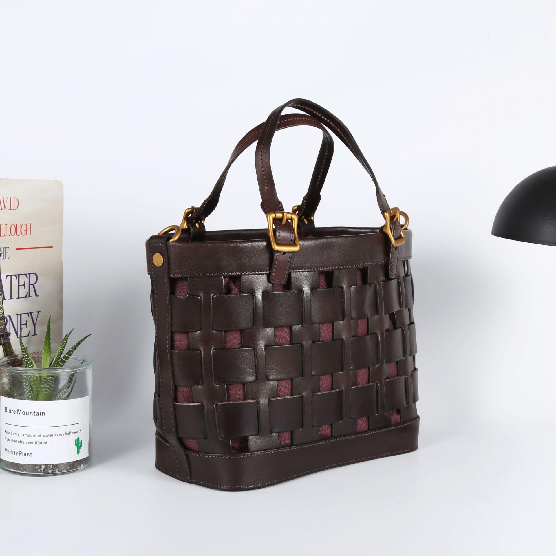 

Шкіряна ручна сумка верхнього шару рослинного дублення + художня жіноча сумка з коров ячої шкіри в стилі ретро + модна сумка з кошиком для овочів на одне плече 26.5x13.5x22cm