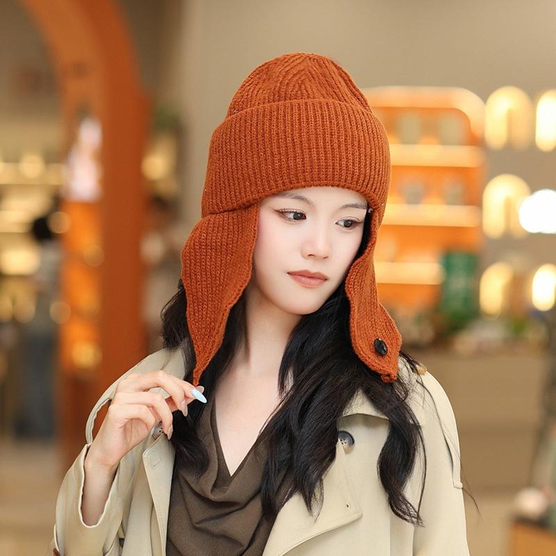 Korean Solid Color Earmuff Knitted Hat Winter Keep Warm Versatile Beanie For Women