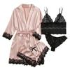 European Luxury V-neck Satin Pajama Set: Lace Cami, Five-Point Sleeve Robe, Four Pieces