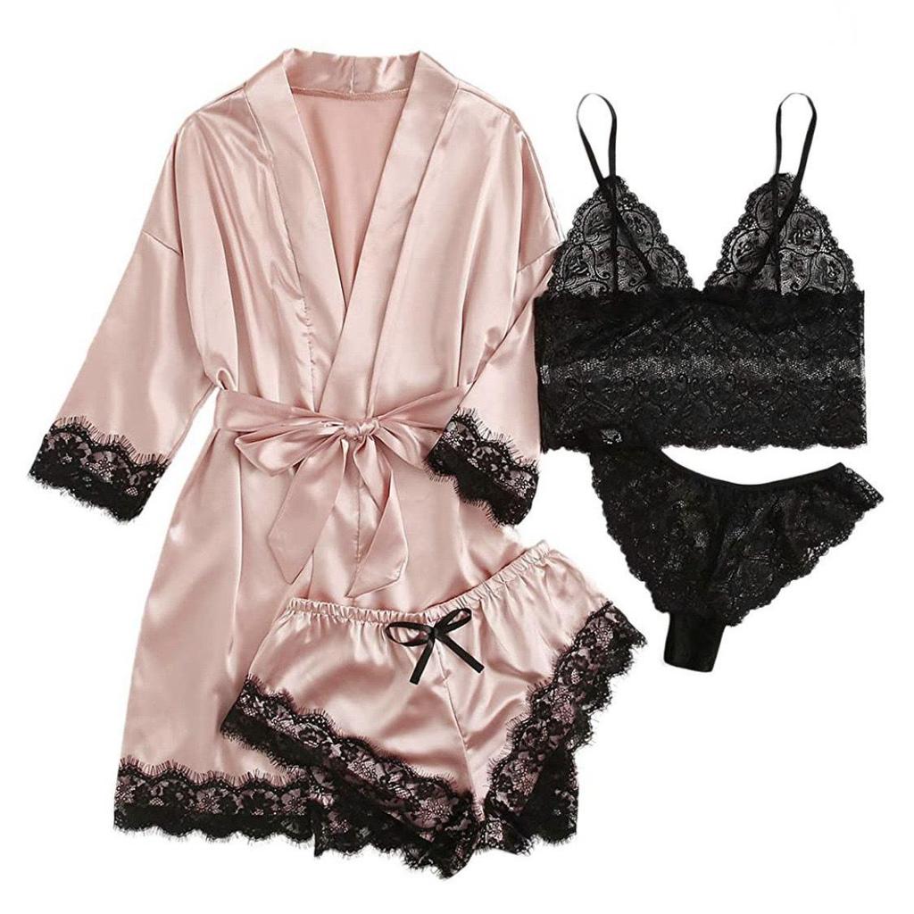 European Luxury V-neck Satin Pajama Set: Lace Cami, Five-Point Sleeve Robe, Four Pieces
