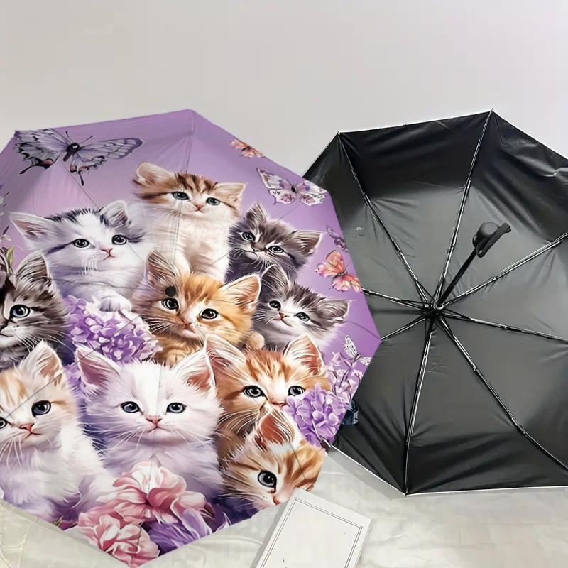 1PC Kittens Flowers Umbrella-8-Rib Reinforced Portable Folding Travel Suitable for All Seasons Outdoor Daily Use  -J0390