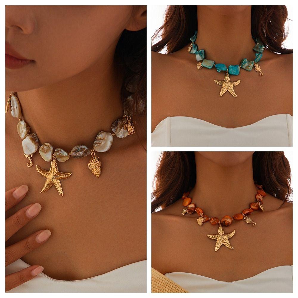 Starfish Conch Pendant Irregular Chain Necklace Bohemian Jewelry  Summer Beach Vacation