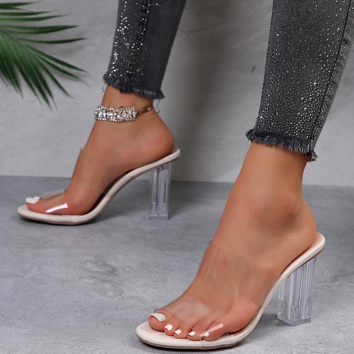 

мода Модные женские босоножки с желеобразным каблуком и кристаллами Прозрачные женские тапочки Сексуальные прозрачные туфли на высоком каблуке Летние босоножки Туфли-лодочки Туфли большого размера 38