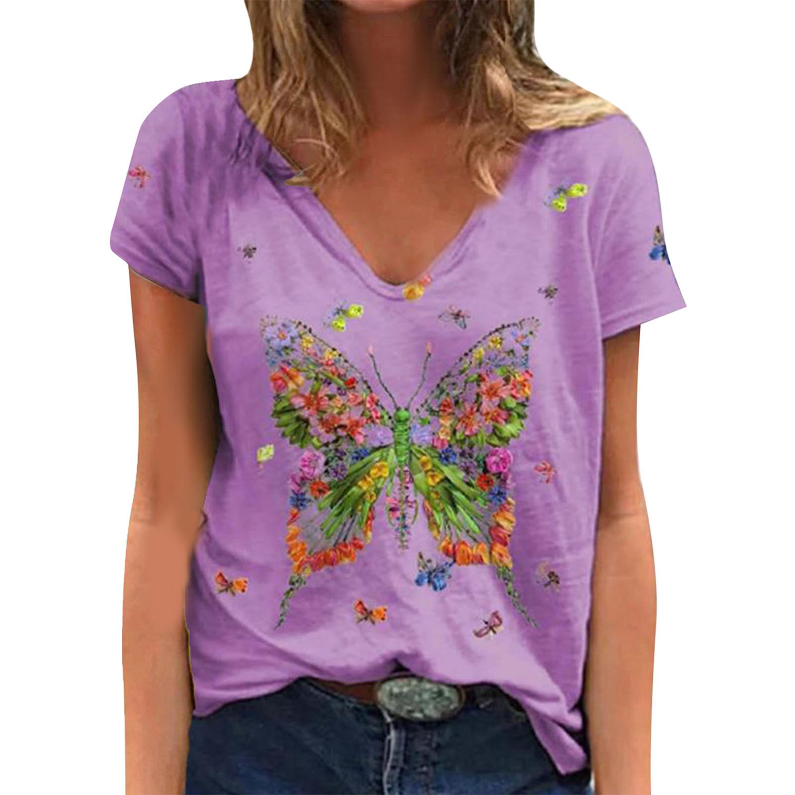

Летняя мода Свободная блузка с принтом бабочки и футболками с глубоким V-образным вырезом и короткими рукавами L фиолетовый