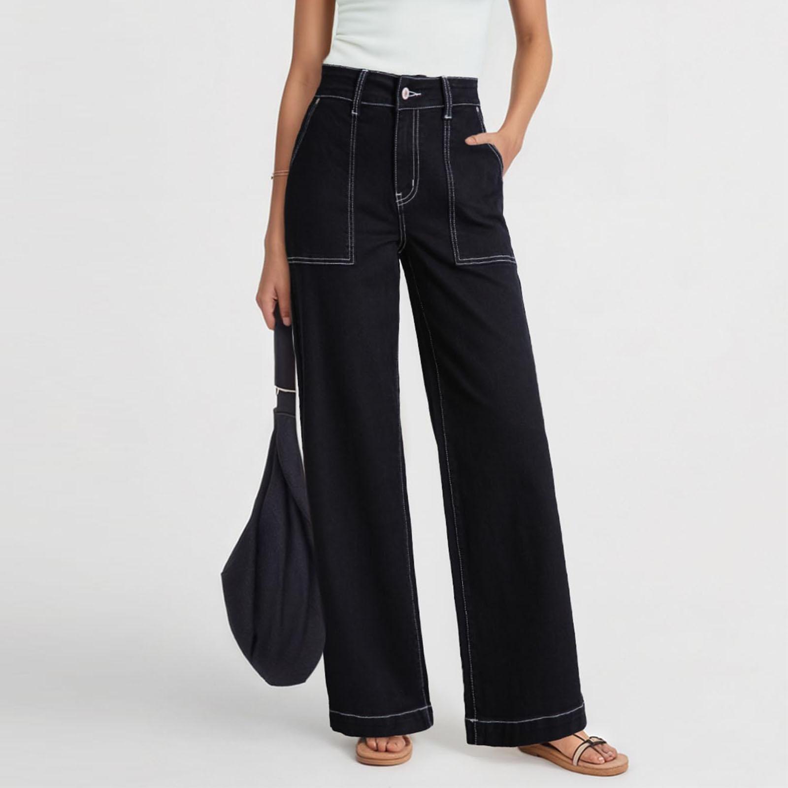 

Women Elastic High Waist Pant Casual Fit Wide Leg Long Pants Trousers With Pockets XXL чёрный