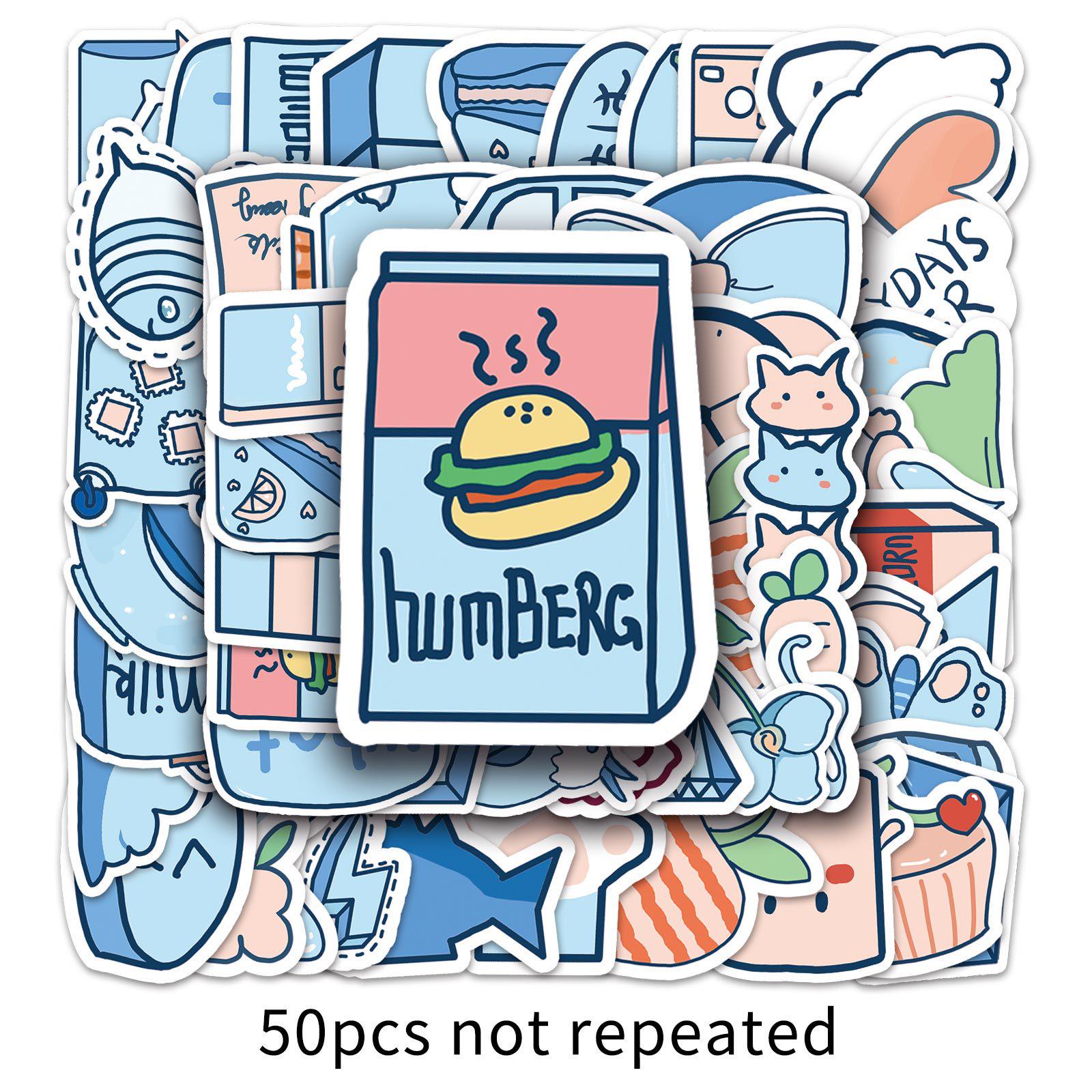 50 Blue Girly Style Cartoon Stickers: Cute, Waterproof, Original for Journaling and Decoration