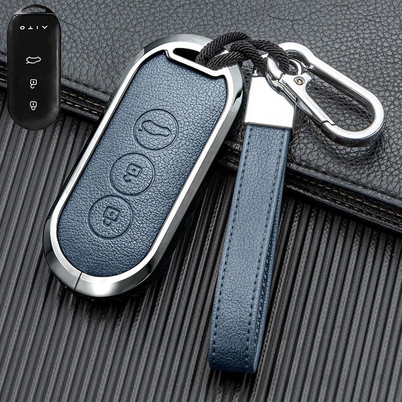 Business Style Double-Sided Leather Key Shell for AITO M7/M5 EV 2022 Model - Full Coverage Metal Car Key Case