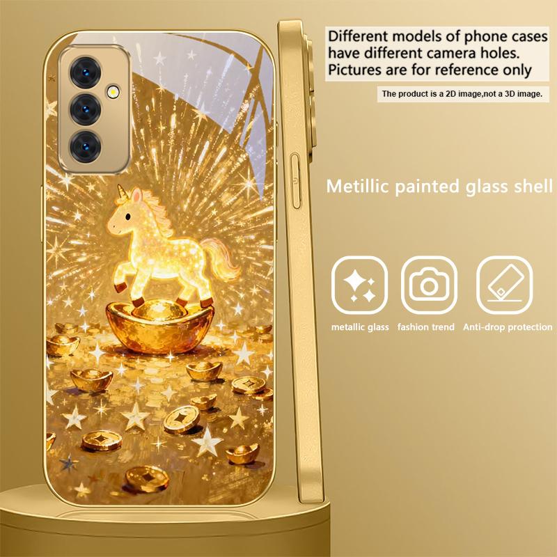 The shining golden pony For Samsung A 31 32 A33 A34 35 14 A15 13 A16 25 26 50 52 53 54 55 56 70 71 72 73 Golden glass phone case