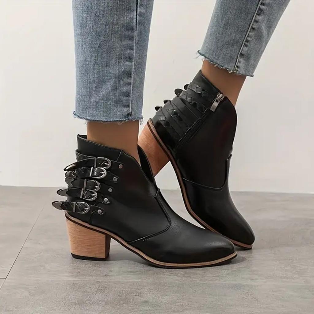 Fünf Riemen Große Größe Damen Kurzstiefel Europäisch Und Spitz Dicke Ferse Kurzer Schaft Seitenreißverschluss Leder Stickerei Stiefel Damen