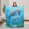 Manatee Fleece Blanket, Mother & Calf Ocean Throw, Coastal Marine Decor (300g Flannel)