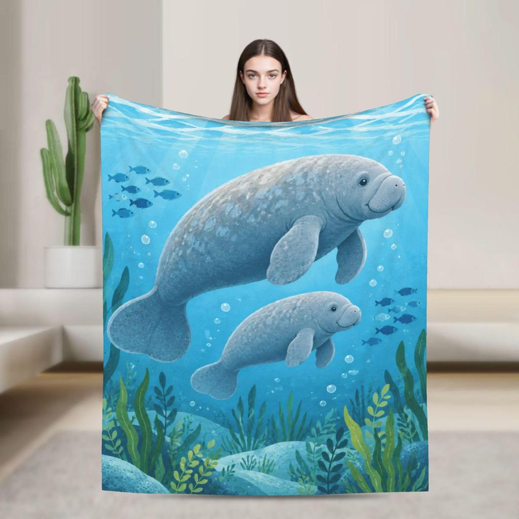Manatee Fleece Blanket, Mother & Calf Ocean Throw, Coastal Marine Decor (300g Flannel)