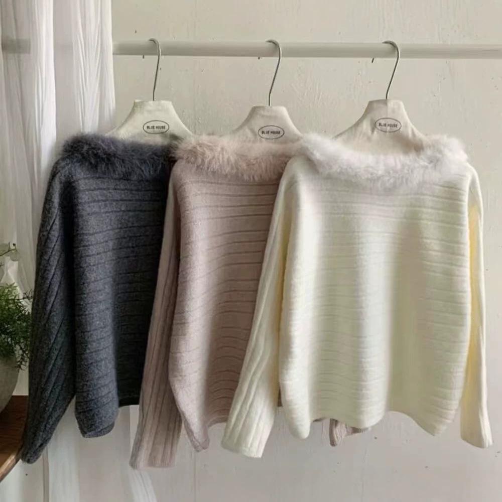 Elegant Long-Sleeve Ribbed Knit Sweater - Retro, Loose-Fit for Autumn/Winter