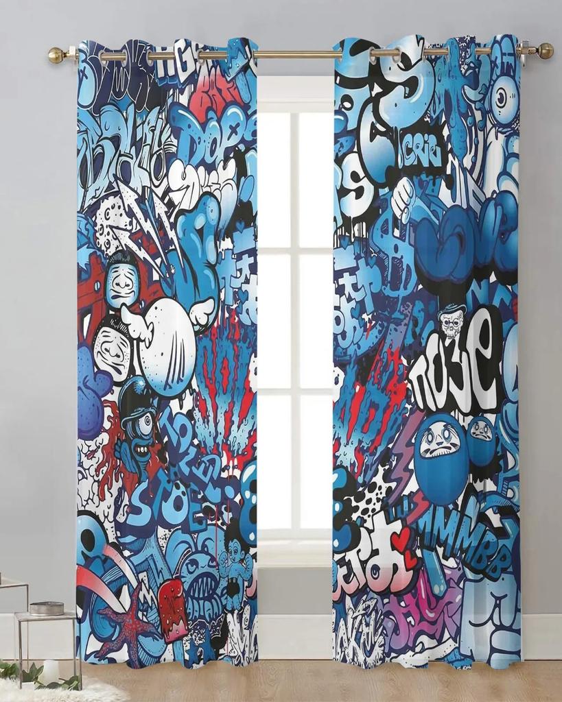 Blue Explosion Punk Graffiti Sheer Curtains for Living Room Decoration Tulle Voile Organza Window Curtains for Kitchen Bedroom