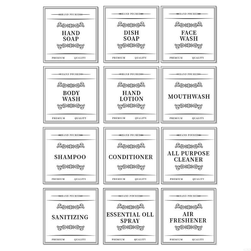 62KD 12Pcs Waterproof Labels Sticker Set for Glass Soap Dispenser and Plastic Bottles