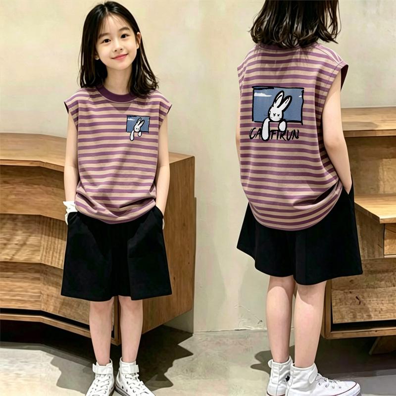 Trendy Girls' Colorblock Striped Vest & Sleeveless Top Set – Korean Style for Summer