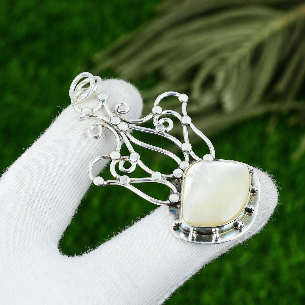 Sterling Silver Trillion Mother Of Pearl Gemstone June Birthday Pendant Jewelry