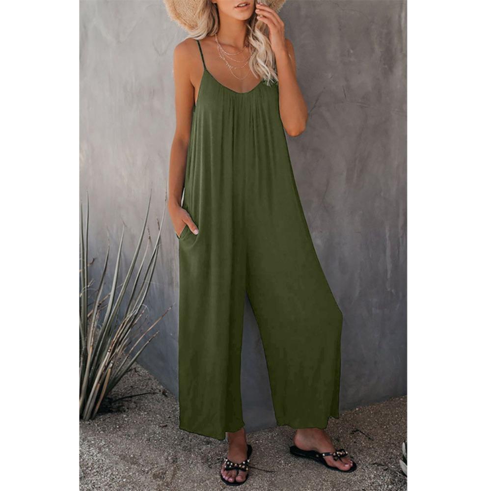 Women's V Neck Sleeveless Loose Fit Jumpsuit Solid Color Pocket Elegant Summer Polyester Wide Leg Romper