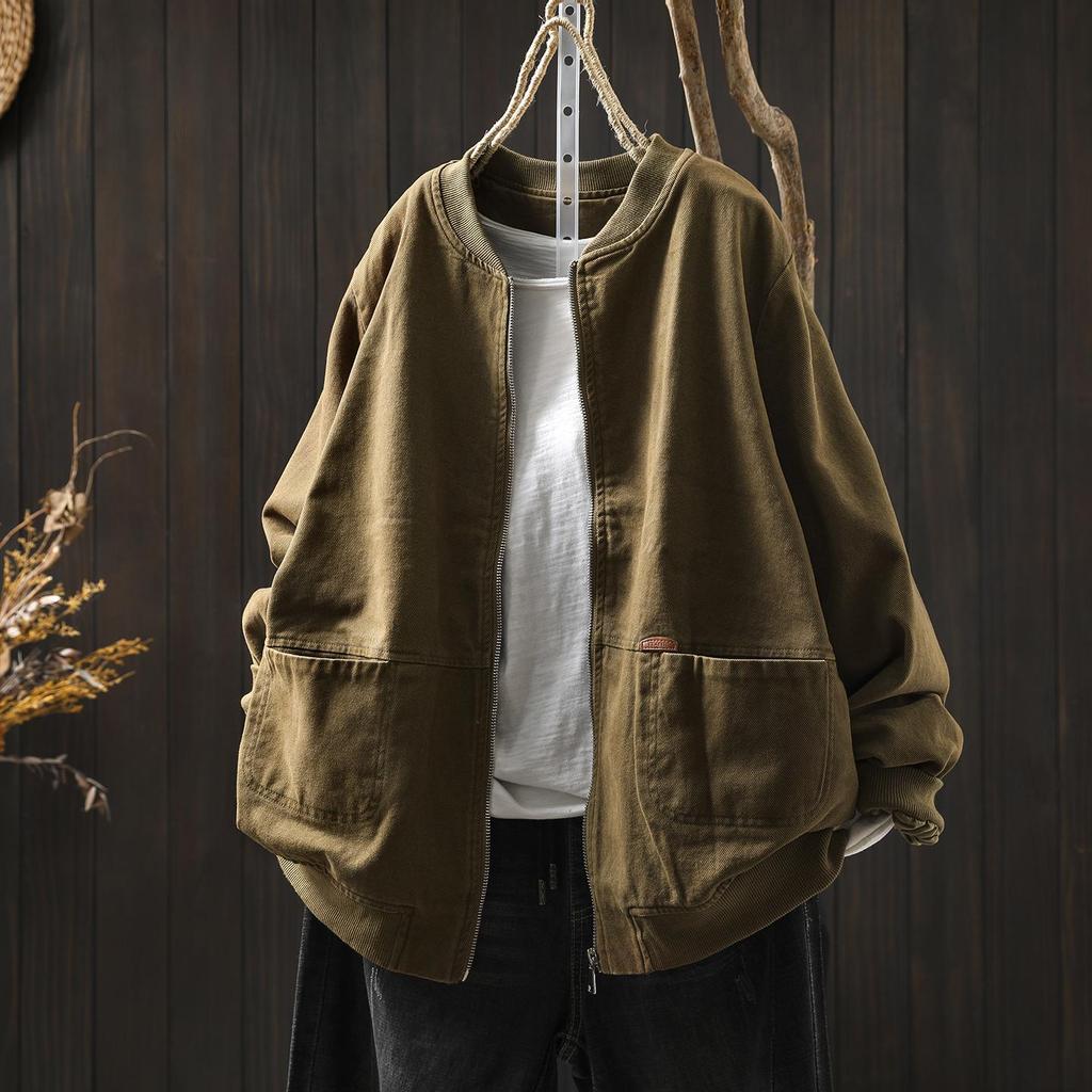 Women Vintage Cotton Jackets Solid Color Stand Long Sleeve Coats Autumn Zipper Loose Casual Pockets Jackets