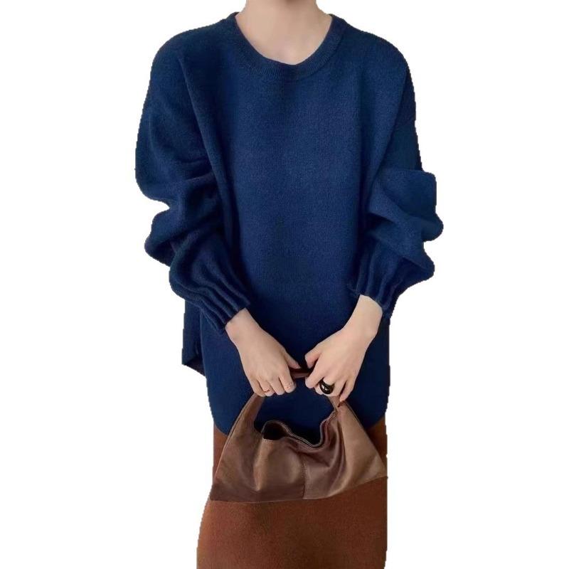 Crew neck retro cuff pleated knitted sweater women's autumn and winter new versatile loose soft waxy solid color pullover sweater