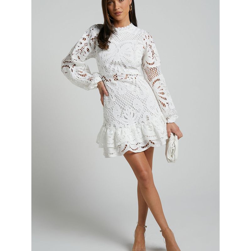 Cross-Border European and American Stand Collar Lantern Long Sleeve Waist Hugging Formal Dress Frill Hollow Water Soluble Lace Jumpsuit Skirt DRESS