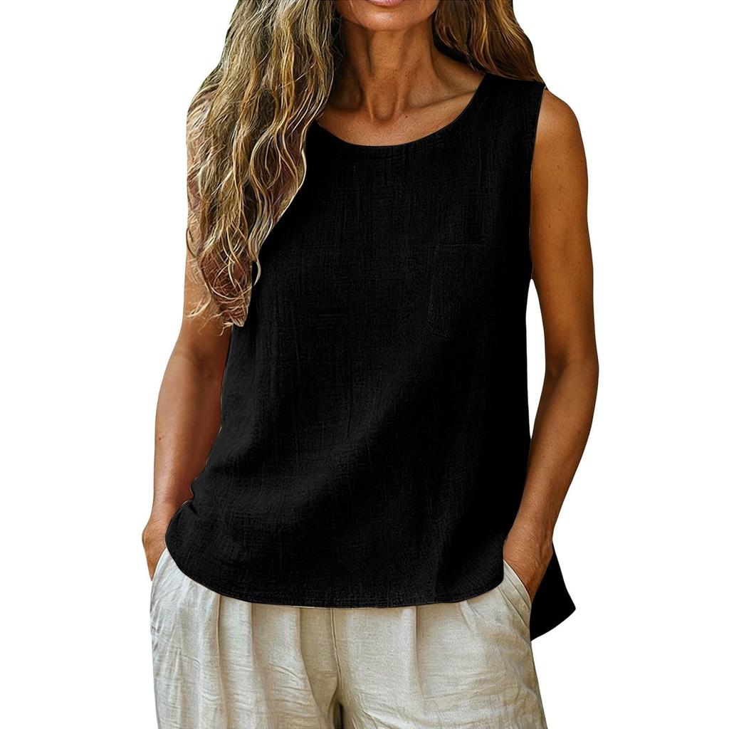 Women's Fashionable Casual Round-Neck Sleeveless Top: Plain-Coloured Cotton-Linen T-Shirt With Pockets