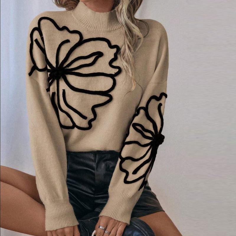 Damen Pullover mit Rollkragen, langen Ärmeln, Strick, lockerer Passform, mit Blumenstickerei