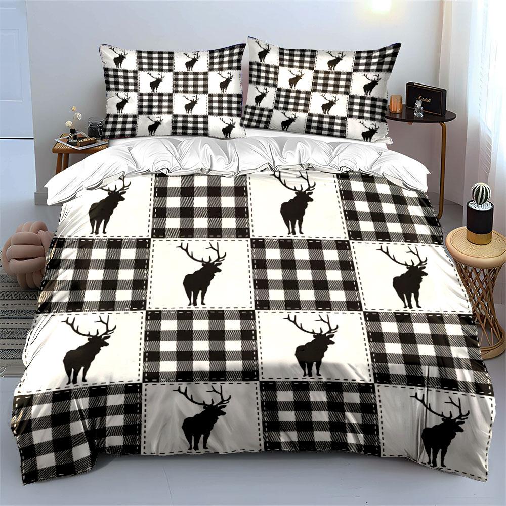 Rustic Plaid Deer Bedding Set 3PCS Black White Buffalo Check Print Duvet Cover with Pillowcases,Single Double, Multiple Sizese