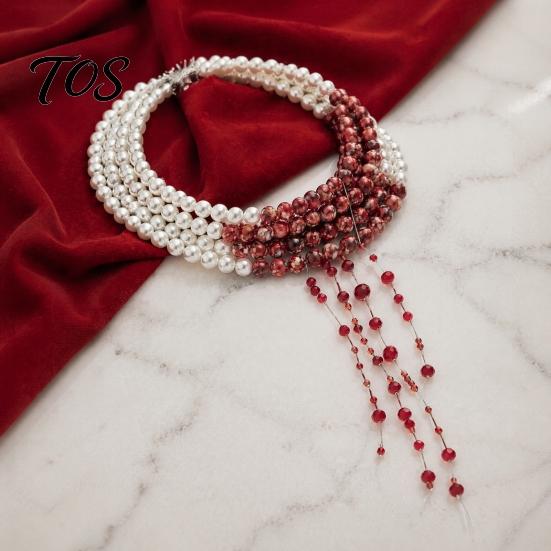 Mysterious Fashion Jewelry Gothic Blood Drop Choker, Layered Faux Pearl Necklace, Red Tassel Themed Costume Party Supplies Earrrings, Punk Style