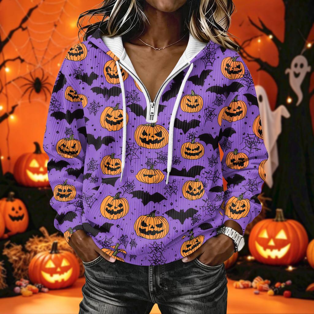 Women's Halloween Print Long Sleeve Hoodie Pullover Sweatshirt