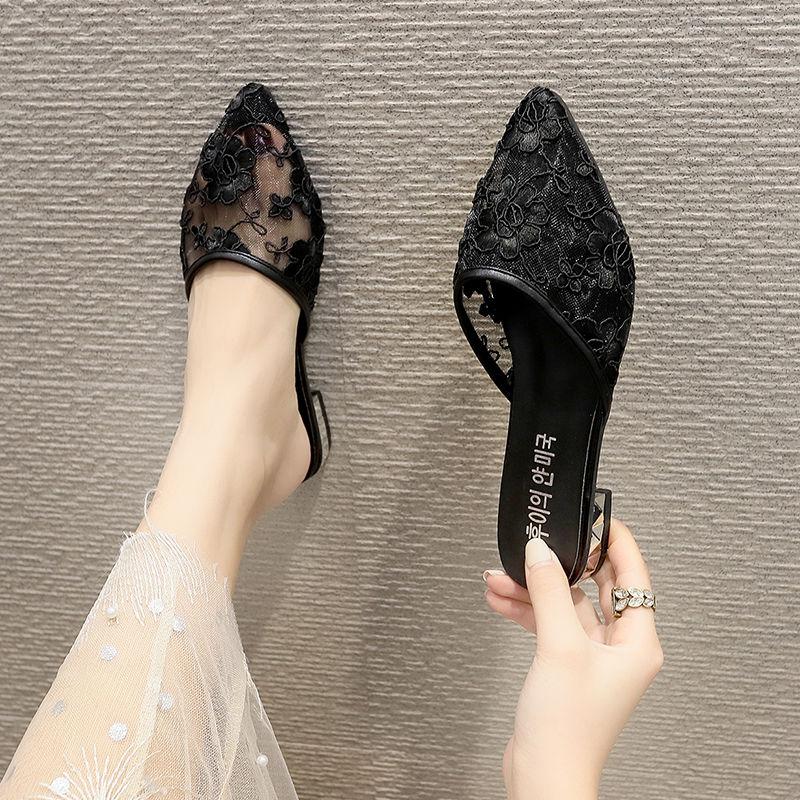 Shoes for Women Low Heel Slides Sexy Black Woman Mules Slippers Pointed Toe Embroidery 39 Chic and Elegant H Sandal Pvc Sandals