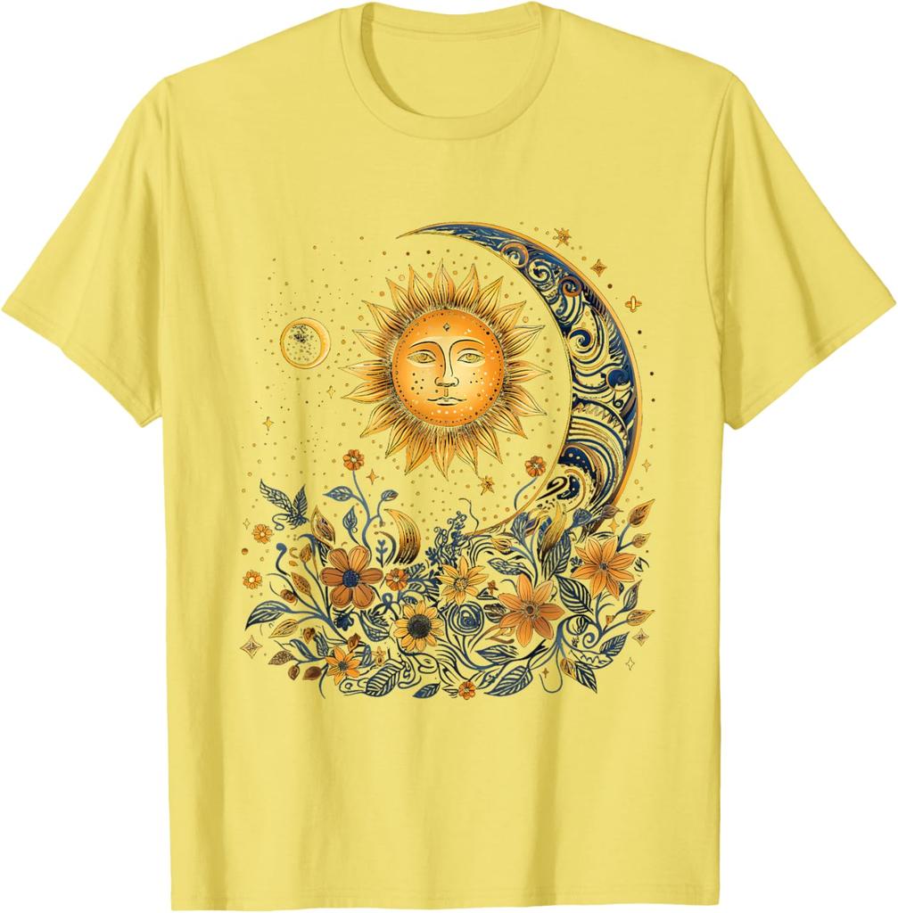 Mystic Sun and Moon Floral Graphic T-Shirt Men Casual Print O-Neck Breathable Trip Tee