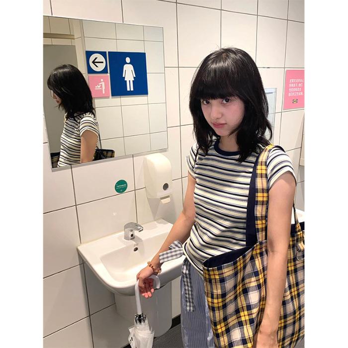 

Striped Slim Shoulder Short Sleeve T-Shirt Women s Summer Small Chic Sweet Spicy Short Bottom Top S