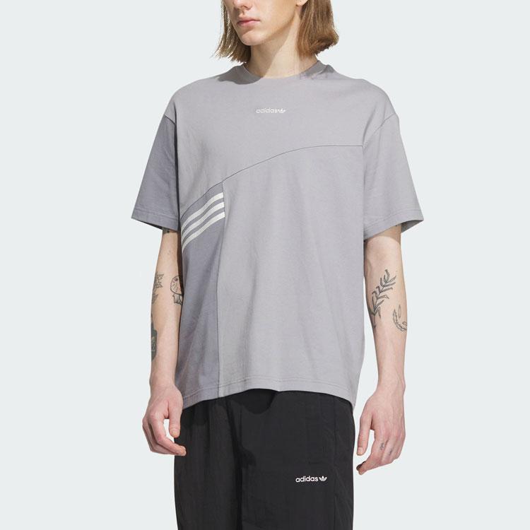 Adidas Originals Graphic Short Sleeve Tee with Trefoil Logo and Three-Stripes Color Block Unisex Tops Aluminum-Grey IU4808