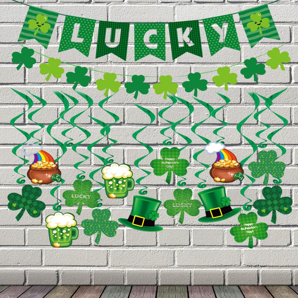 Saint Partick Day Lucky Banner Set Wall Hanging Sign Ceiling Swirls Sign Green Streamers Hanging Ornament Party Supplies