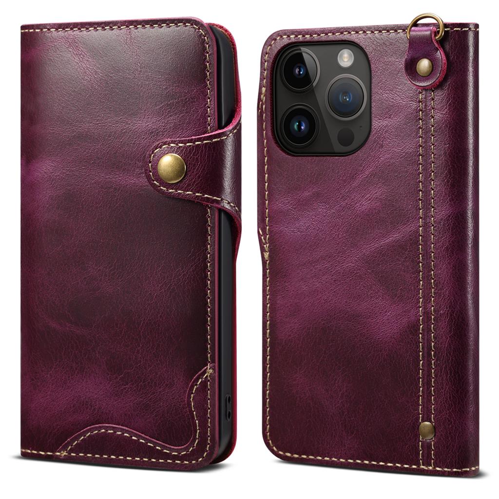 Wallet Phone Shell for iPhone 14 Pro Case Waxy Genuine Cow Leather Cover with Card Slot