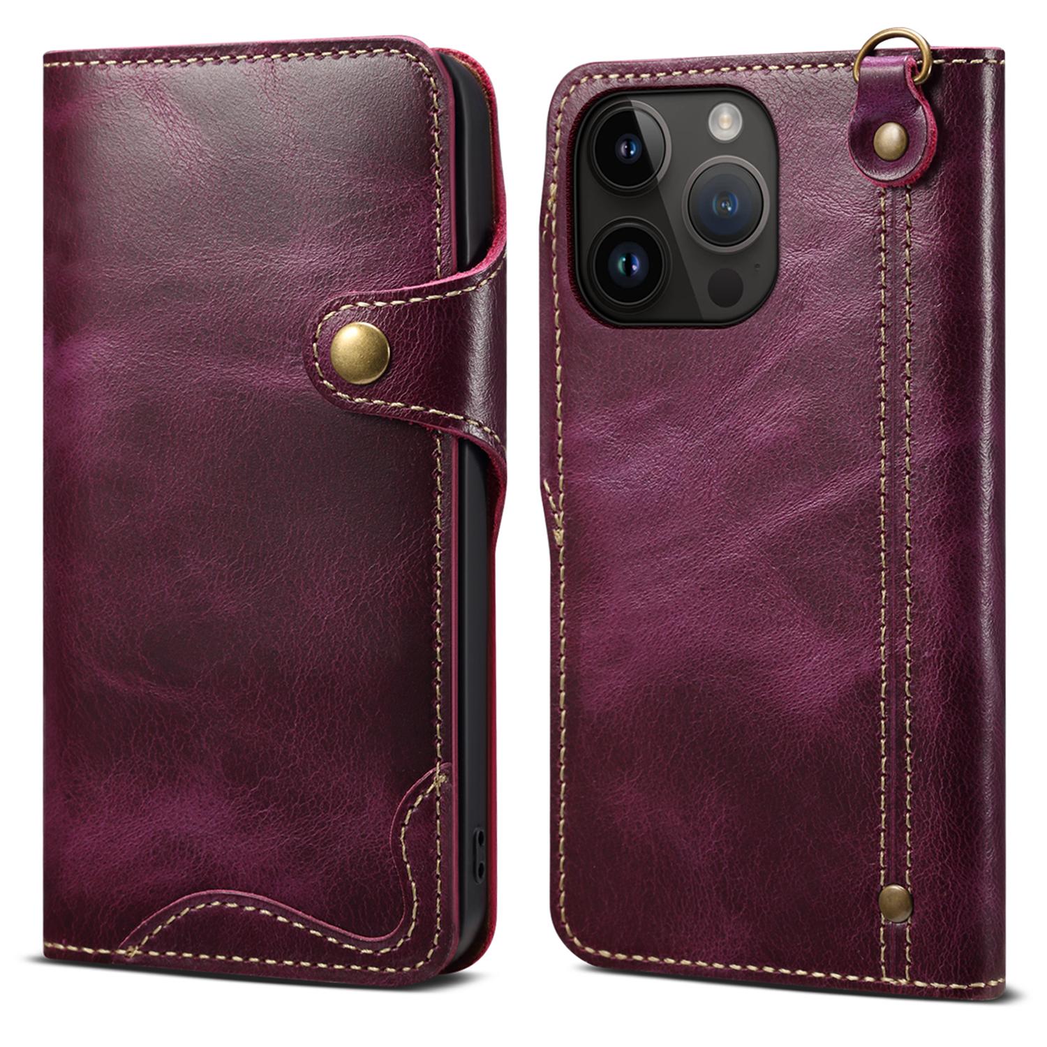 

Wallet Phone Shell for iPhone 14 Pro Case Waxy Genuine Cow Leather Cover with Card Slot Purple