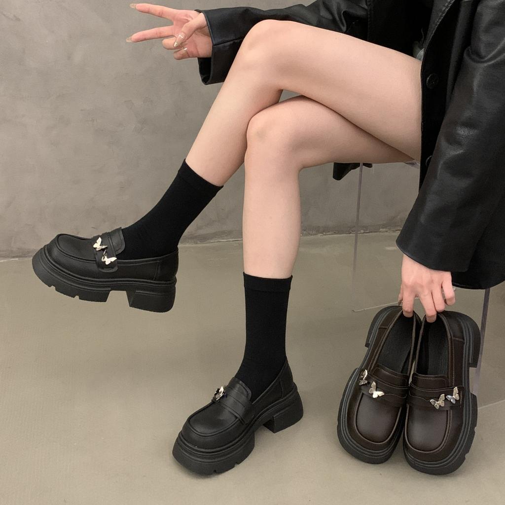 Retro Polished Small Leather Shoes Women's 2025 Spring New British Style Butterfly Versatile Thick Heel Platform Heightening Loafers