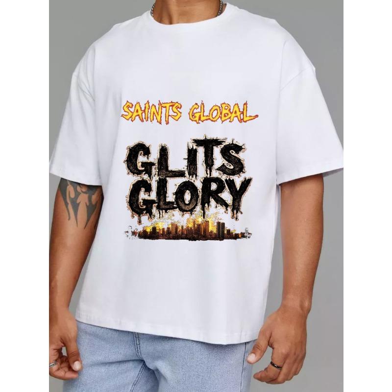 Cotton T Shirt White Saints Global Glits Glory Cityscape Print Urban Streetwear Casual Wear