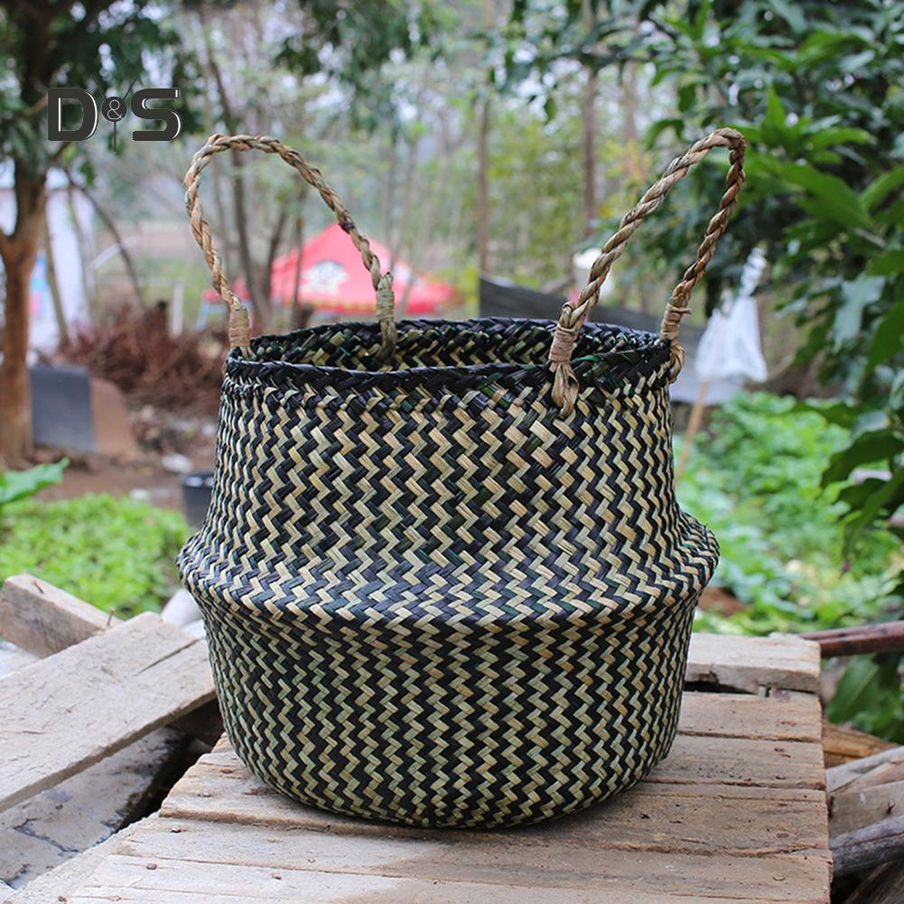 Dayuansheng Folding Straw Wicker Storage Basket Handle Garden Flower Pot Planter Laundry Bag
