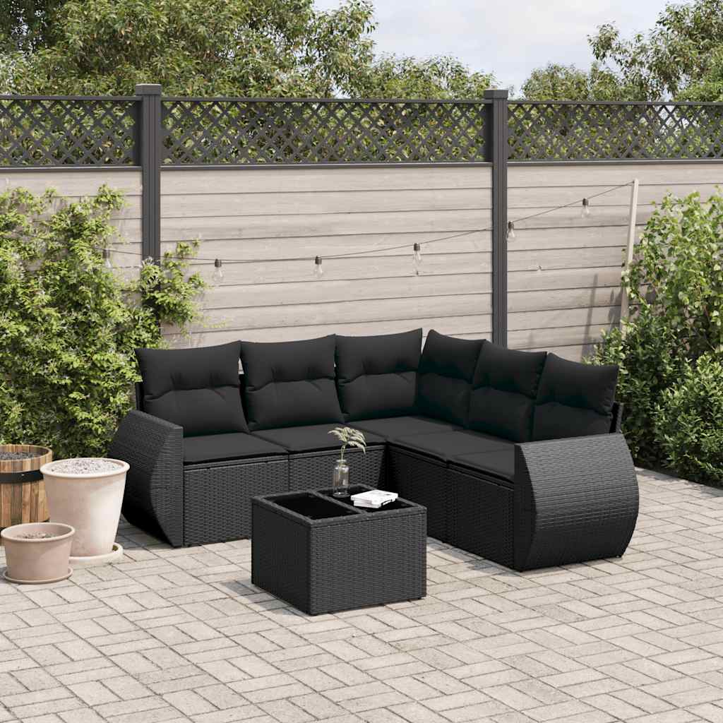 Vidaxl 6-Cz. Gartenmöbel-Set mit Kissen, Schwarzer Polyrattan