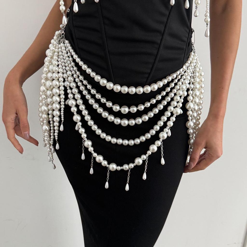 Elegant Faux Pearl Double-Layer Waist Chain – Women's Fashion Metal Bikini Body Chain