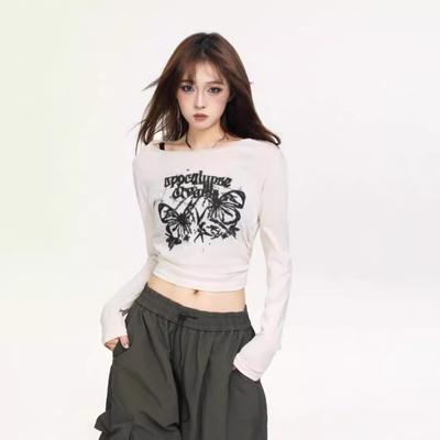 D2093 #butterfly Print Long-sleeved T-shirt Women's Waist Design Bottoming Shirt Short Spice Girl Pure Desire Sweet and Spicy Top