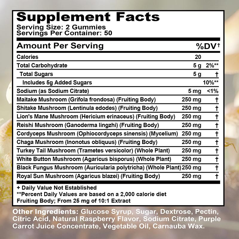 Mushroom Gummies Containing a Mixture of Hericium Erinaceus, Cordyceps Sinensis, and Ganoderma Lucidum To Boost Energy; Vegan.