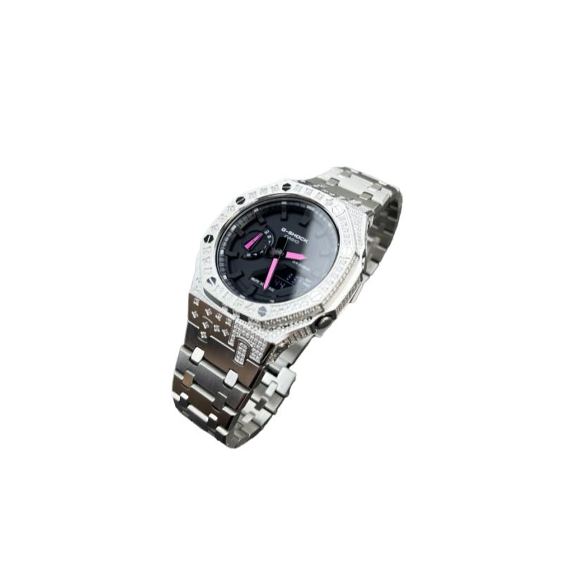 Casio Customized Watch Modified Series Star Diamond Hand-set Diamond Engraved Case Luminous Pink Needle Quartz Steel Strap GA2100-7A