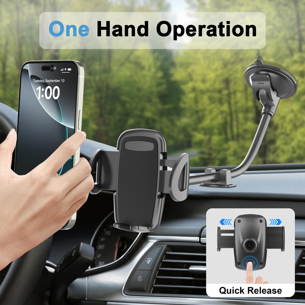 Solid Car Truck Phone Mount Holder with 11.8-Inch Gooseneck Long Arm Anti-Shake Stabilizer Compatible All Cell Phones