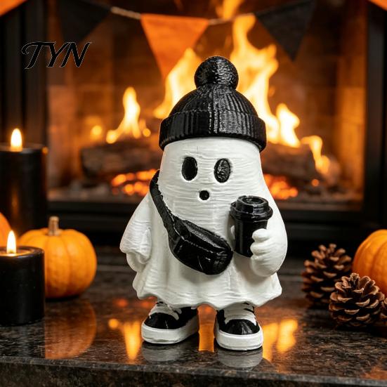 Whimsical Ghost Statue for Display Cute Halloween Figurine, Holding Coffee/Book/Record Resin Statue, Desktop Ornaments Spooky Tabletop Ornament