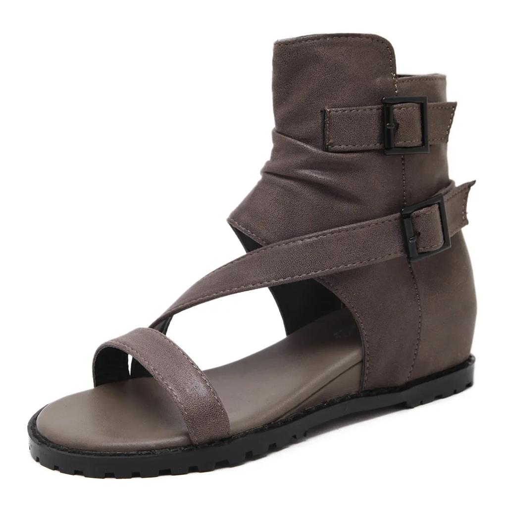 Fashion Vintage Wedges Roman Shoes for Women's Summer Peep Toe High Top Cool Boots Buckle Belt Back Zipper Cover Heeled Sandals